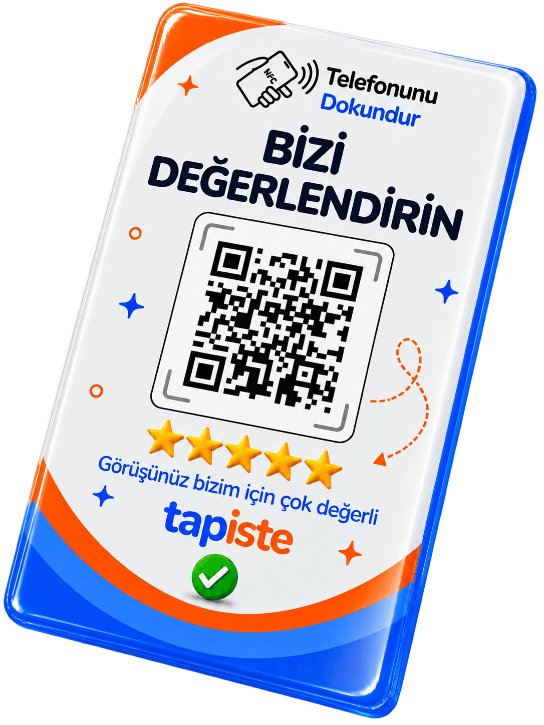 Tapiste NFC/QR kartı, çapraz açıdan görünüm